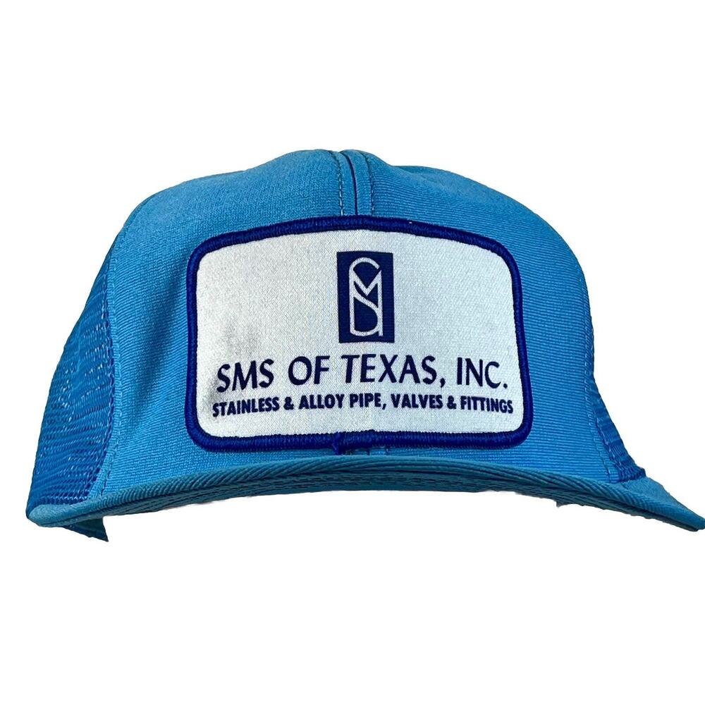 Vintage SMS Stainless Pipe & Valves Mesh Trucker Snapback Logo Hat Cap 80s Blue